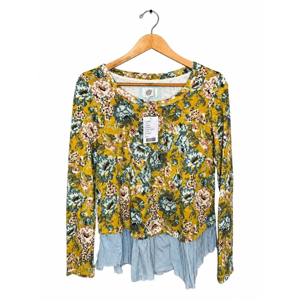 Anthropologie Lilka Floral Knit Top Chambray Ruffle Hem Long Sleeve Size S NWT - Picture 2 of 8